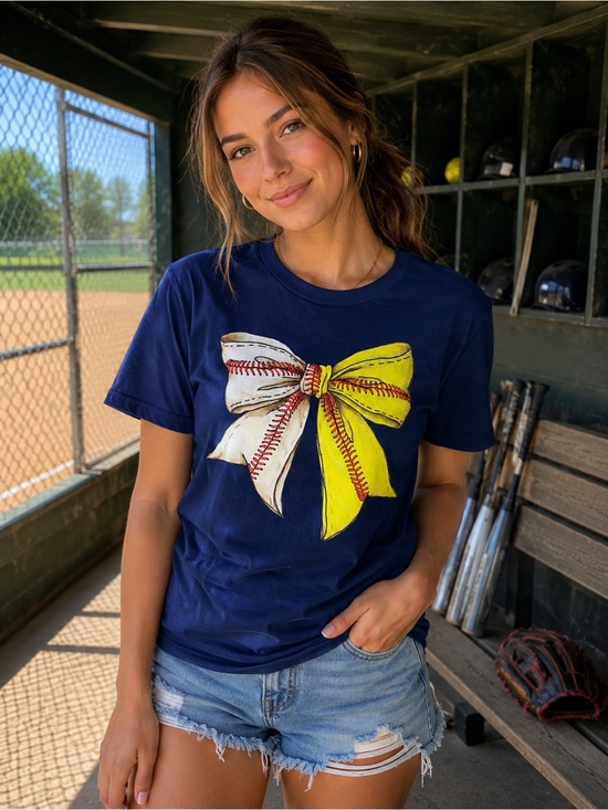 Tops - NWOT: Navy Blue Graphic Bow Baseball/Softball Tee
